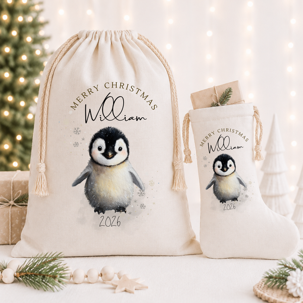 Personalised Penguin Christmas Stocking with Custom Name