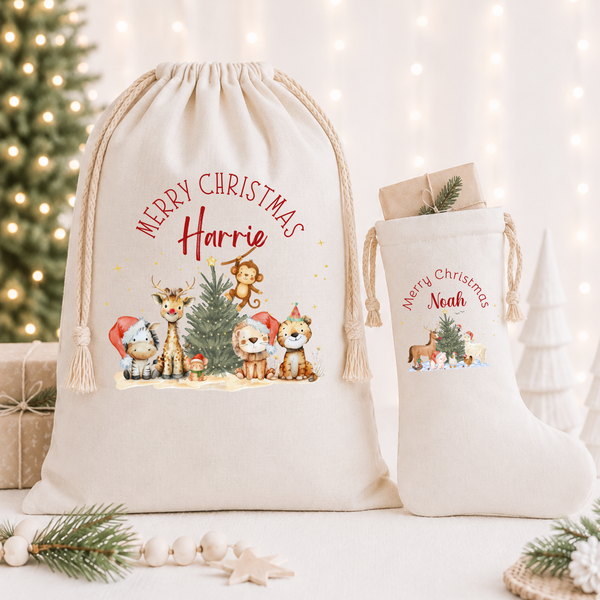 Personalised Christmas Stockings & Sacks for Boys | Dinosaur, Farmyard, Safari & Forest