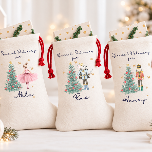Personalised Nutcracker Christmas Stocking & Sacks – Mouse & Fairy Designs