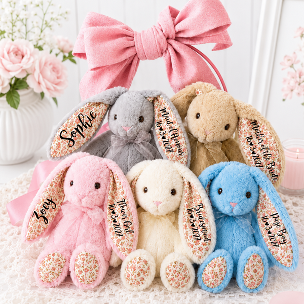 Personalised Floral Eared Beige Bunny for Flower Girl Gift
