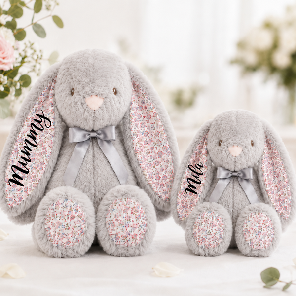 Personalised Eco-Friendly Grey Bunny with Floral Ears | 14" Soft Toy