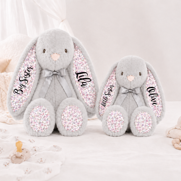 Personalised New Baby Gift Grey Floral Bunny