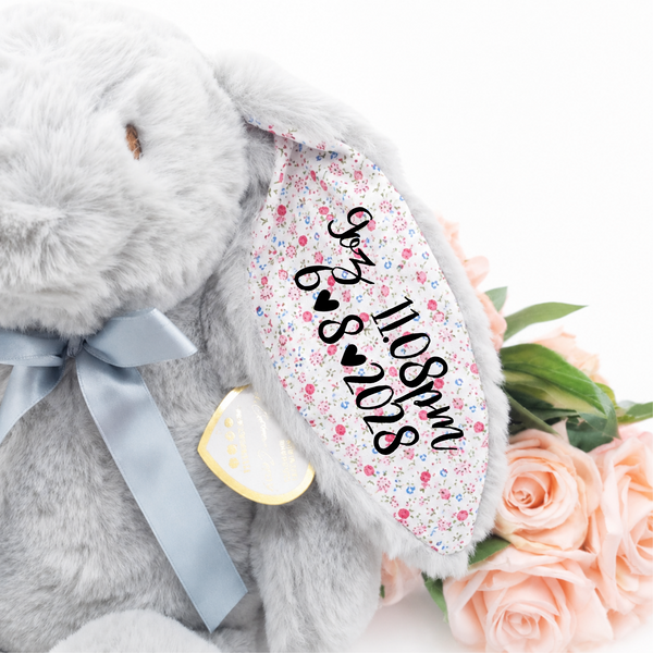 Personalised New Baby Gift Grey Floral Bunny