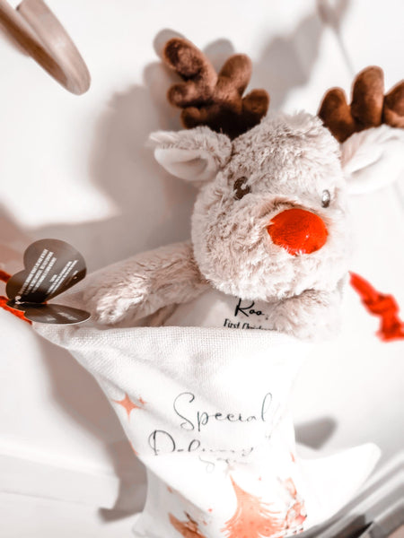 Personalised Reindeer Christmas Soft Toy, Baby's 1st Xmas Gift, Reindeer Soft Toy Gift
