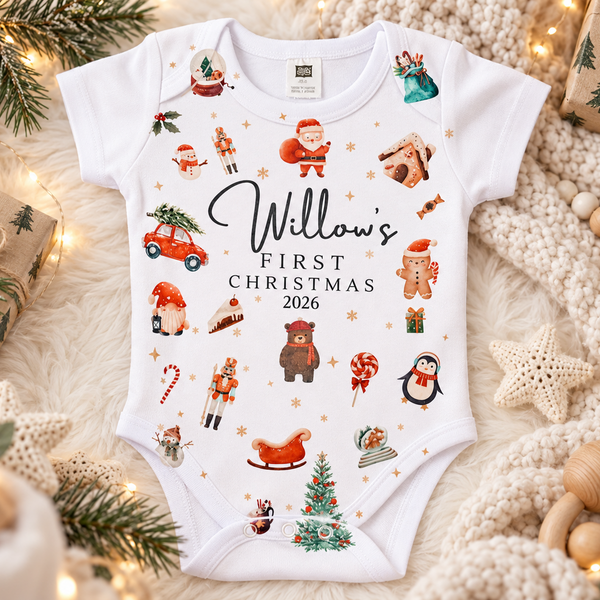 Personalised 1st Xmas Babygrow, Ornament, Cushion & Soft Toy, Baby Christmas Outfit Gift Idea