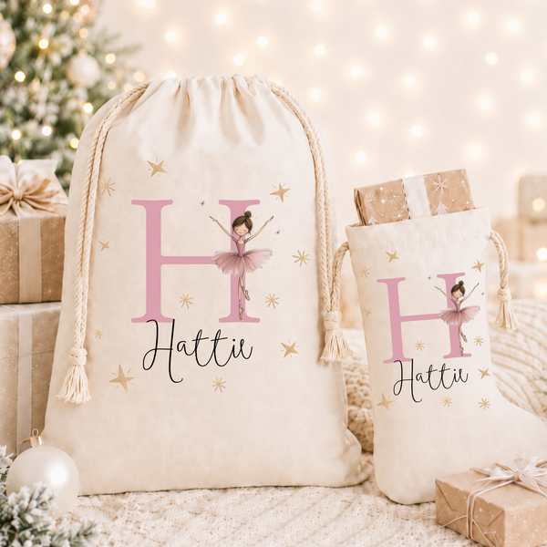 Personalised Fairy Ballerina Christmas Stocking & Sack – Custom Santa Gift Bag for Girls