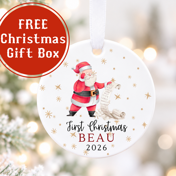 Personalised Baby's First Christmas Santa Scroll Ceramic Bauble