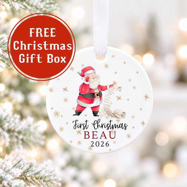Personalised Baby's First Christmas Santa Scroll Ceramic Bauble