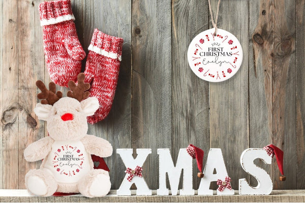 个性化第一个圣诞节驯鹿毛绒玩具，宝宝的第一个圣诞节定制名字泰迪礼物