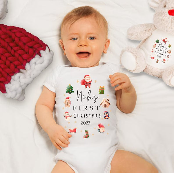 个性化第一个圣诞婴儿服、装饰品、靠垫和毛绒玩具、婴儿圣诞服装礼物创意