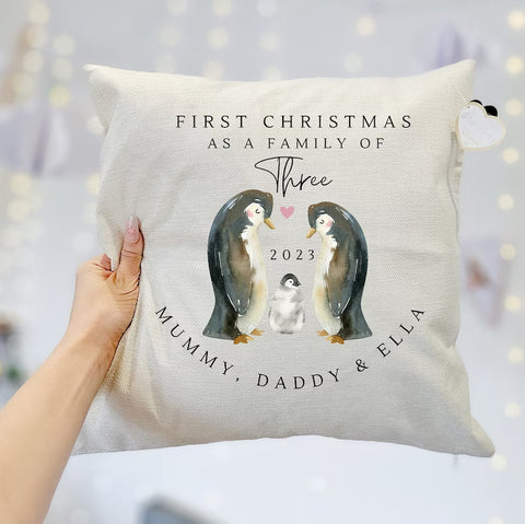 Personalised Cushion, New Baby Gift, Family Gift, Cushion Cover , Christmas Gift, Christmas Decor, Home Decor, Christmas Gifts, Penguin