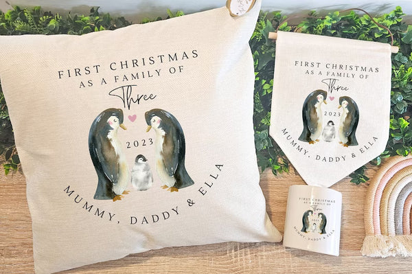 Personalised Cushion, New Baby Gift, Family Gift, Cushion Cover , Christmas Gift, Christmas Decor, Home Decor, Christmas Gifts, Penguin