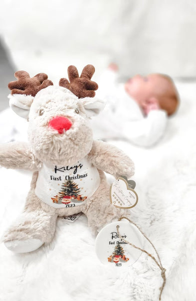 个性化圣诞泰迪熊和装饰品，新婴儿礼物，第一个圣诞礼物毛绒玩具
