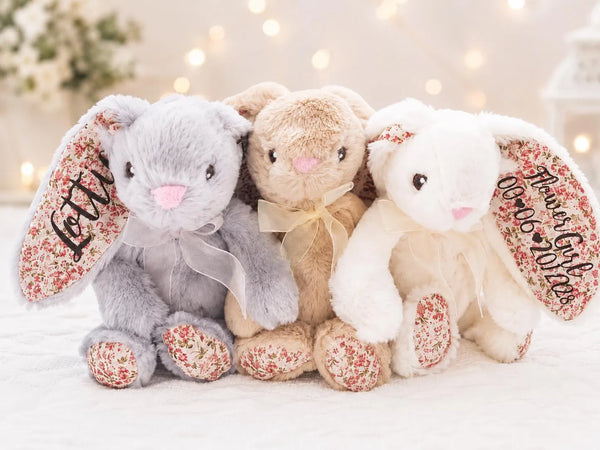 Personalised Floral Eared Beige Bunny for Flower Girl Gift