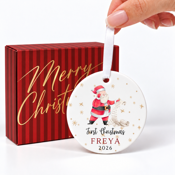 Personalised Baby's First Christmas Santa Scroll Ceramic Bauble