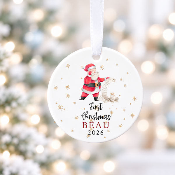 Personalised Baby's First Christmas Santa Scroll Ceramic Bauble