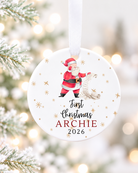 Personalised Baby's First Christmas Santa Scroll Ceramic Bauble