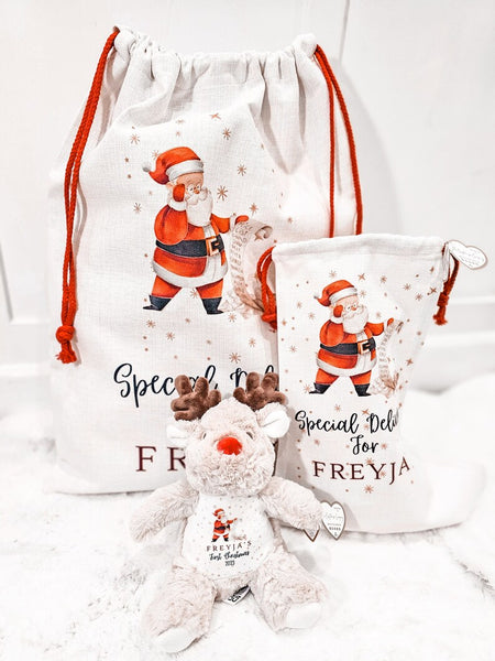 Sacos de diseño de Papá Noel, saco de Papá Noel de Navidad con nombre personalizado, saco de entrega especial de regalo de Navidad