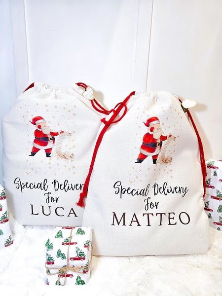 Sacos de diseño de Papá Noel, saco de Papá Noel de Navidad con nombre personalizado, saco de entrega especial de regalo de Navidad