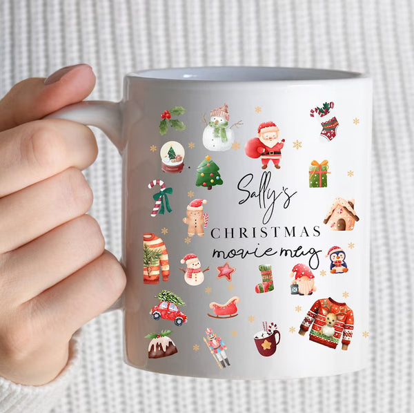Christmas Movie mug, Hot Chocolate Christmas Coffee cup, Custom Name Xmas Holiday Mug