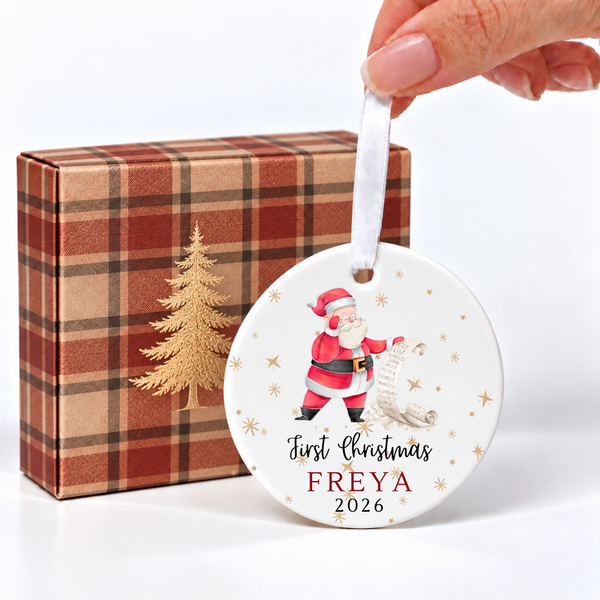 Personalised Baby's First Christmas Santa Scroll Ceramic Bauble