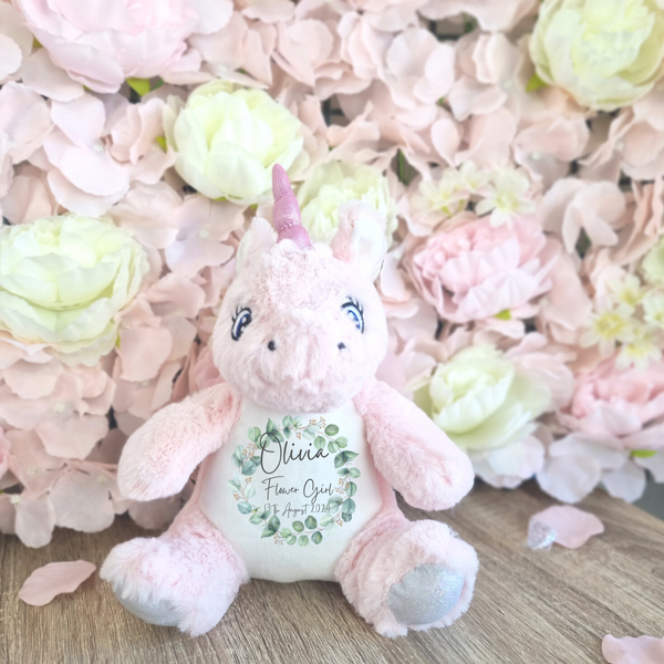 Juguete de unicornio personalizado para niñas de flores con corona de eucalipto