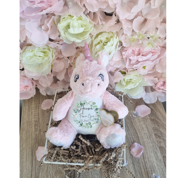 Personalised Unicorn Toy for Flower Girls with Eucalyptus Wreath