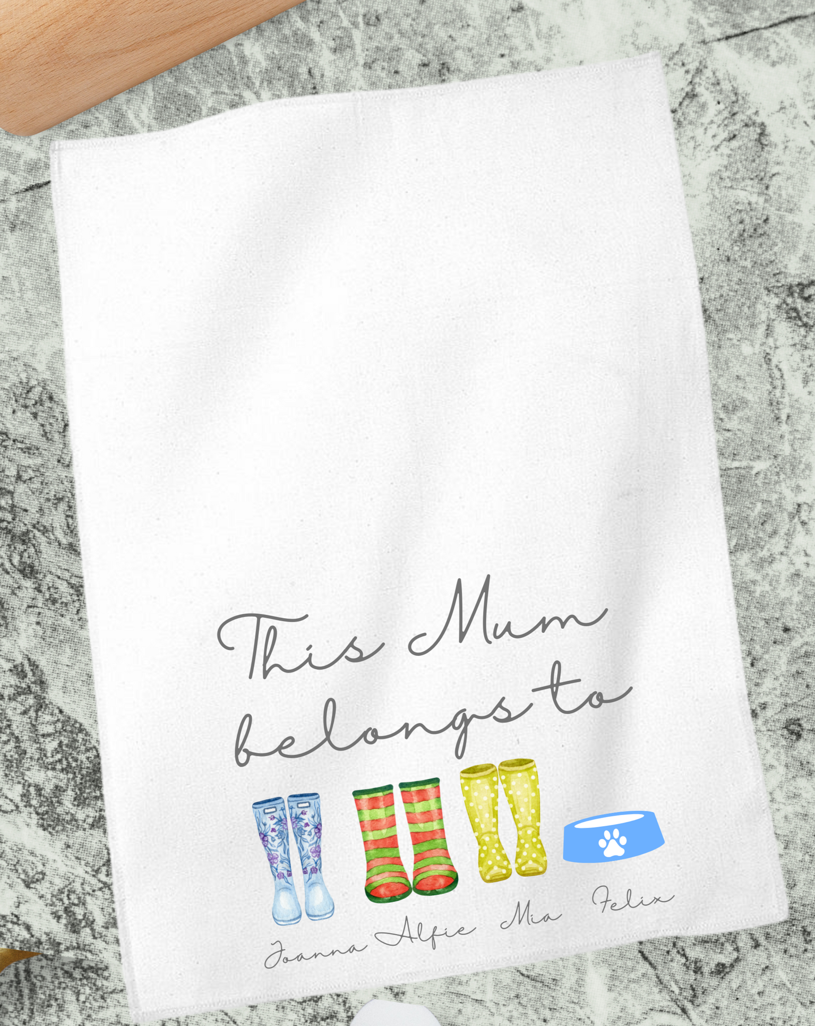 Personalised Wellie Tea Towel For Mum