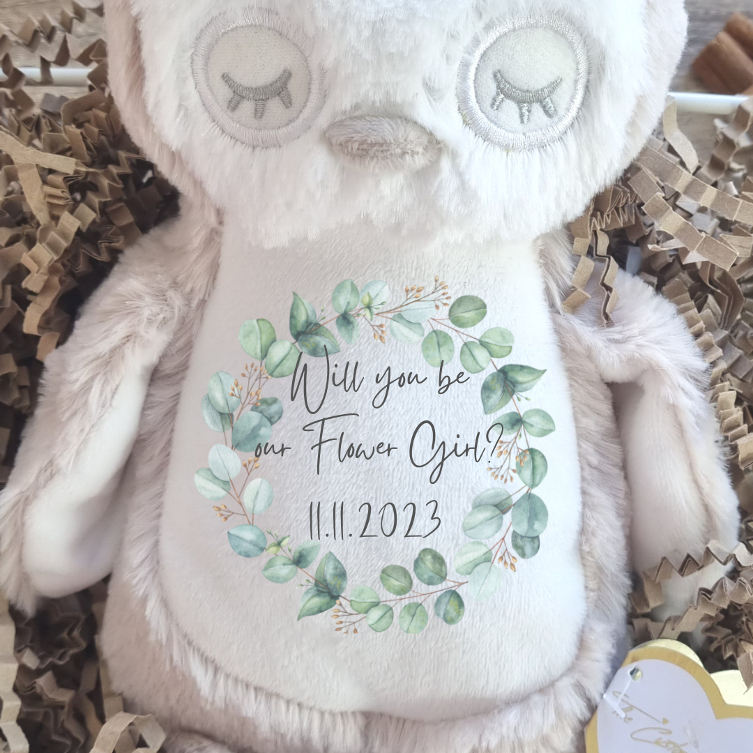 Personalised Owl Soft Toy for Flower Girls with Eucalyptus Wreath