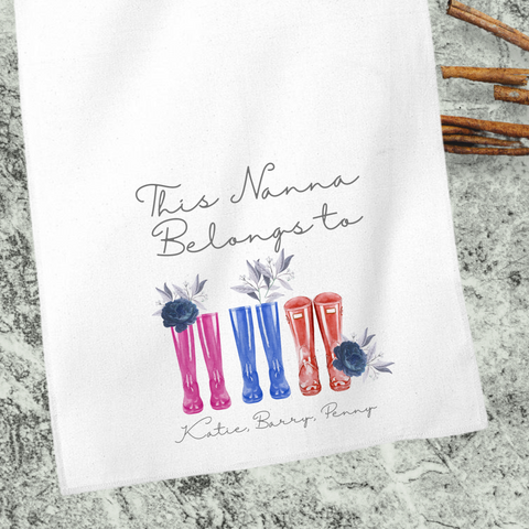 Personalised Wellie Tea Towel For Nanna's & Grandma's