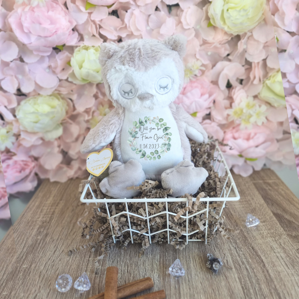 Personalised Owl Soft Toy for Flower Girls with Eucalyptus Wreath