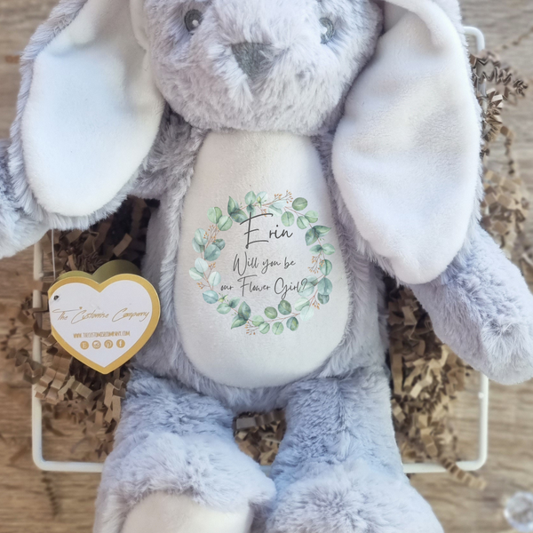 Personalised Grey Bunny for Flower Girls with Eucalyptus Wreath