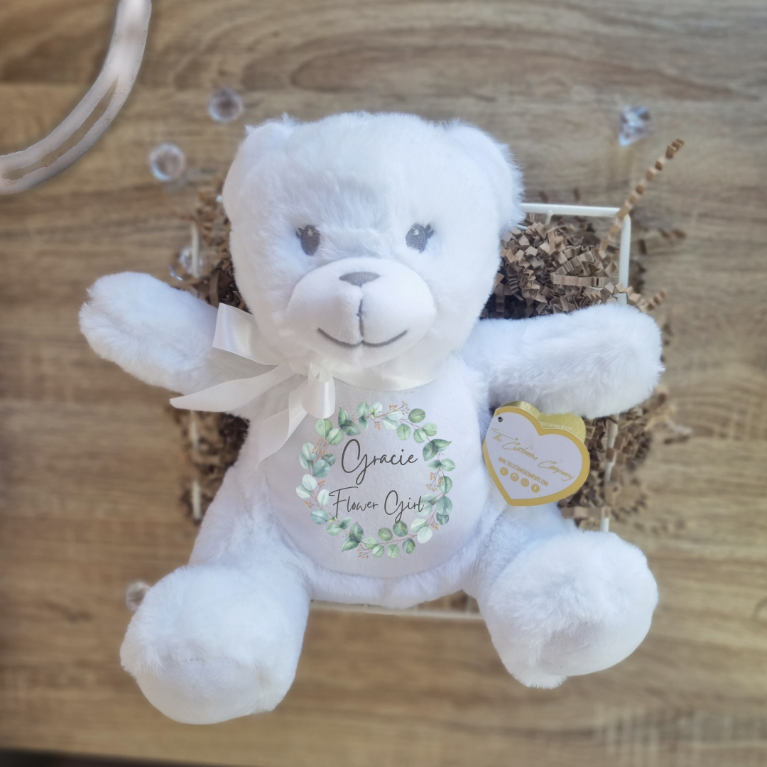 Personalised White Teddy Bear for Flower Girls with Eucalyptus Wreath