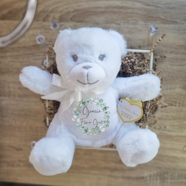 Personalised White Teddy Bear for Flower Girls with Eucalyptus Wreath