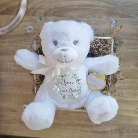 花童个性化白色泰迪熊与桉树花环