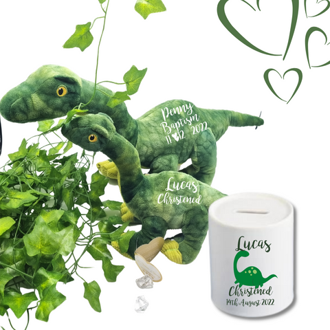 Paquete de regalo y hucha de dinosaurio verde ecológico