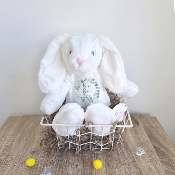 Personalised White Bunny for New Babies with Eucalyptus Wreath