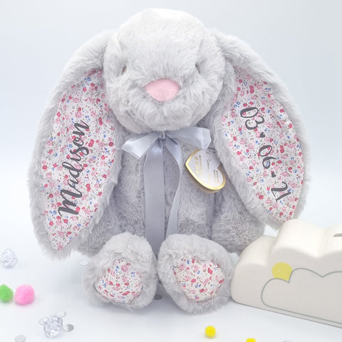 个性化新婴儿礼物灰色花卉兔子