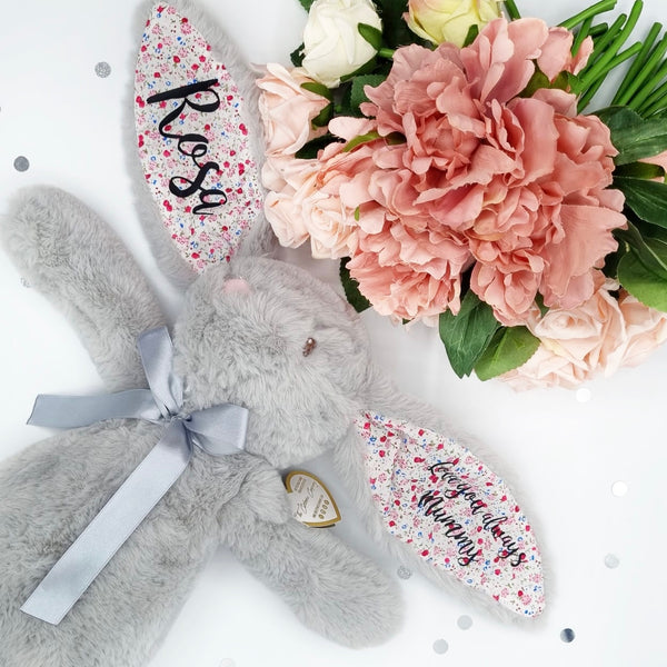 Personalised Eco-Friendly Grey Bunny With Floral Ears 14 inch