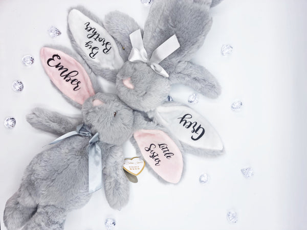 Personalised Eco Friendly Grey Bunny with Pink Ears