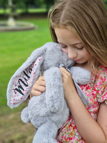 Personalised Grey Floral Eared Bunny for Brides