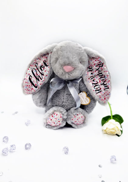 Personalised Birthday Bunny Grey 14" Floral Pattern Personalised