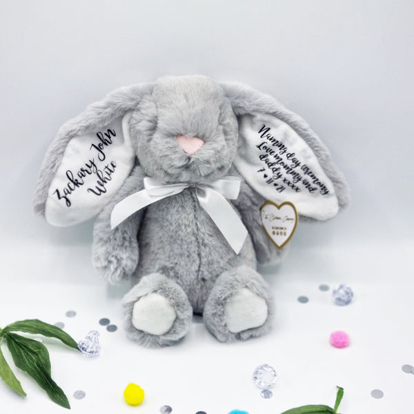 Super cute grey fluffy bunny teddy with white inner ears and black vinyl personalisation
