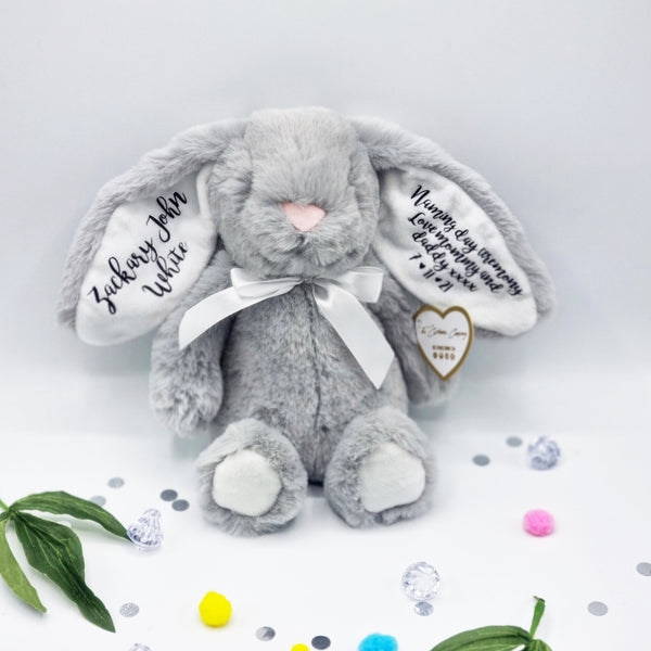 Super cute grey fluffy teddy bunny white white inner ears and black vinyl personalisation