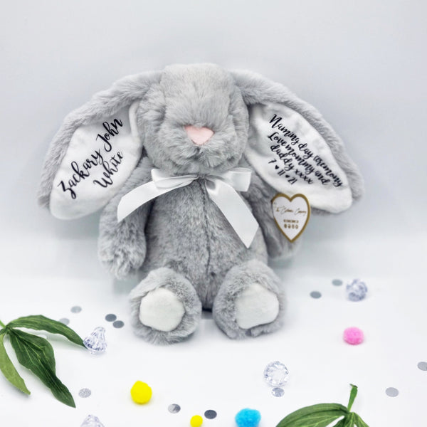 Super cute grey fluffy bunny teddy with white inner ears and black vinyl personalisation