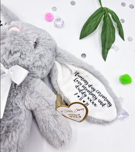 Grey Fluffy teddy bunny with white inner ears and black vinyl personalisation