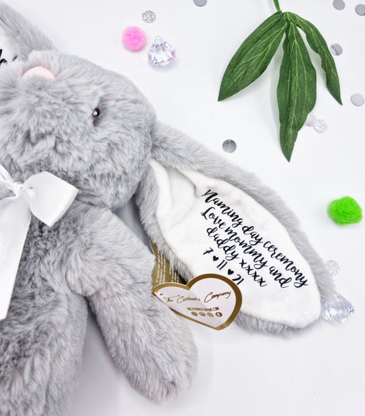 Grey 10" bunny with white inner ears and naming day ceremony vinyl personalisation