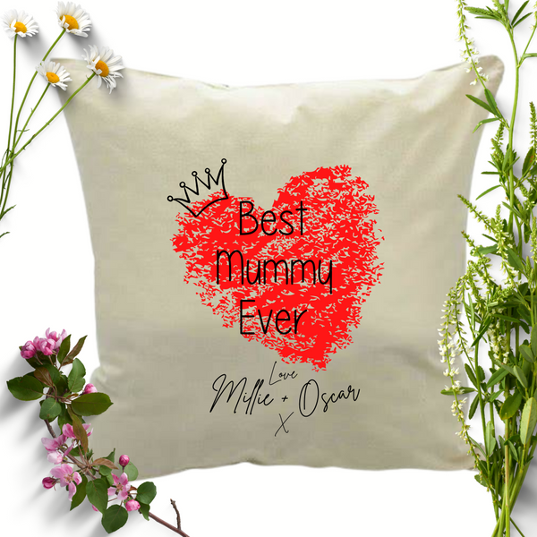 Personalised Best Mummy Ever Linen Cushion Cover with Red Heart