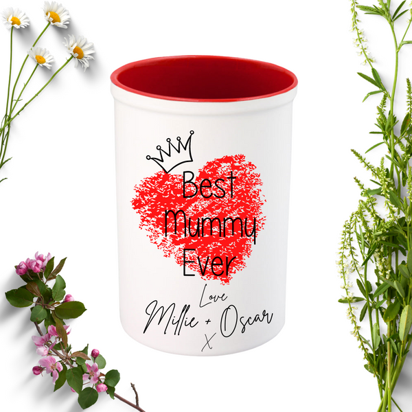 Personalised Best Mummy Ever Flower Vase with Red Heart