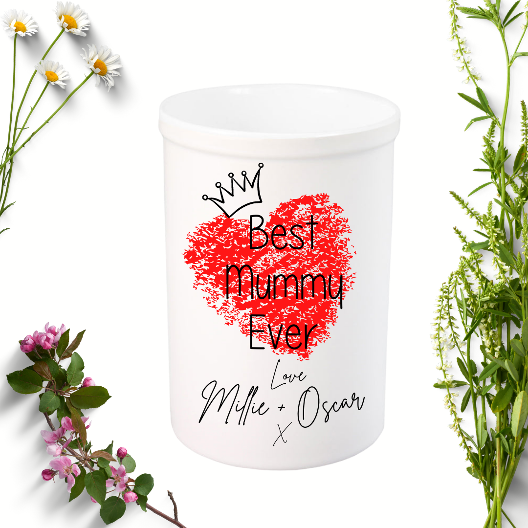 Personalised Best Mummy Ever Flower Vase with Red Heart